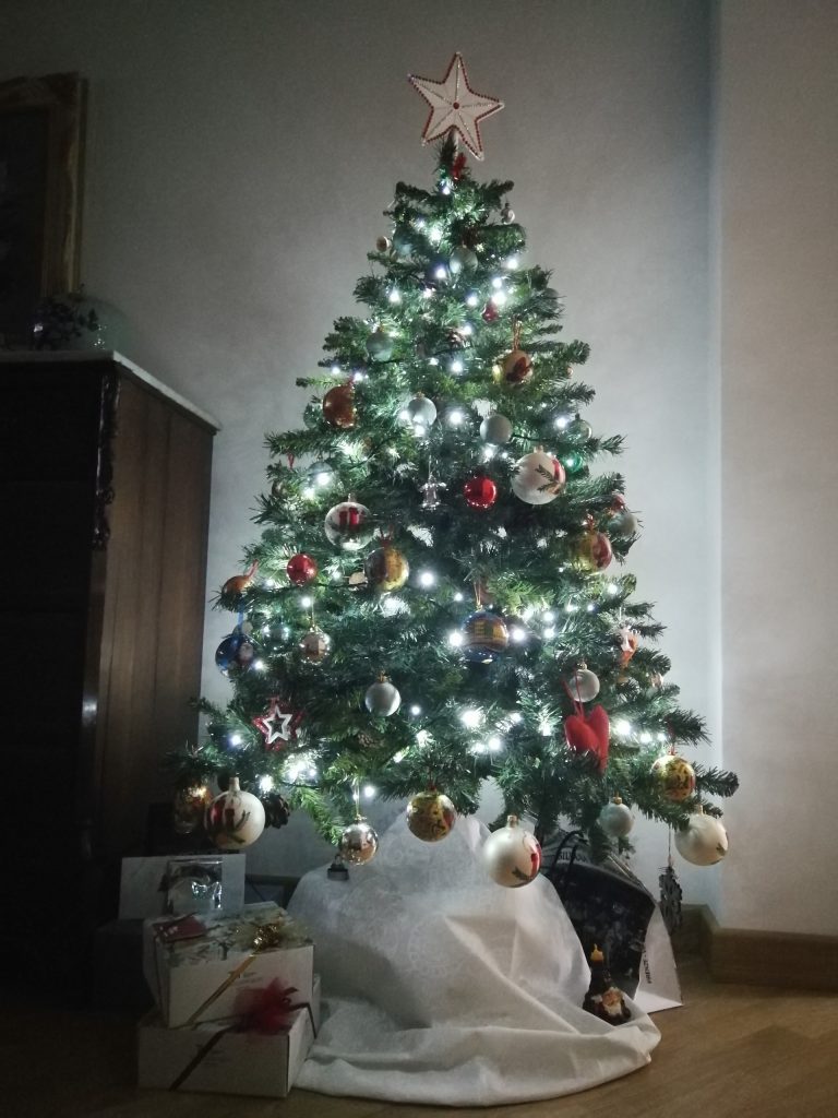 Albero di Natale decorato e con alcuni regali sotto.
