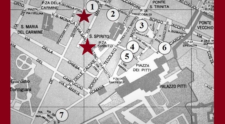 Piantina con segnati i diversi punti dell'itinerario e due stelle rosse che indicano dove mangiare.
