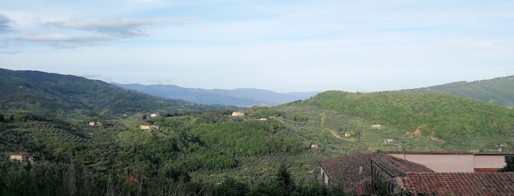 Colline verdeggianti con alcune case, in lontananza si possono scorgere le torri di Serravalle Pistoiese.