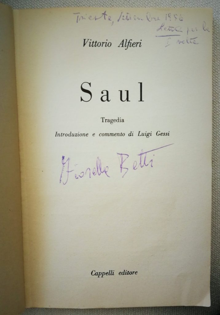 Prima pagina del libro con il titolo dell'opera, l'editore, la scritta tragedia e "introduzione e commento di Luigi Gessi", Sotto, la firma di Fiorella Betti e sopra in angolo a dex luogo e data.