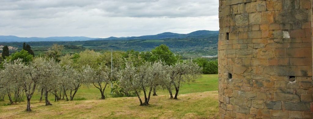 Abside in pietra di una chiesa, olivi e colline in lontananza sotto un cielo nuvoloso.