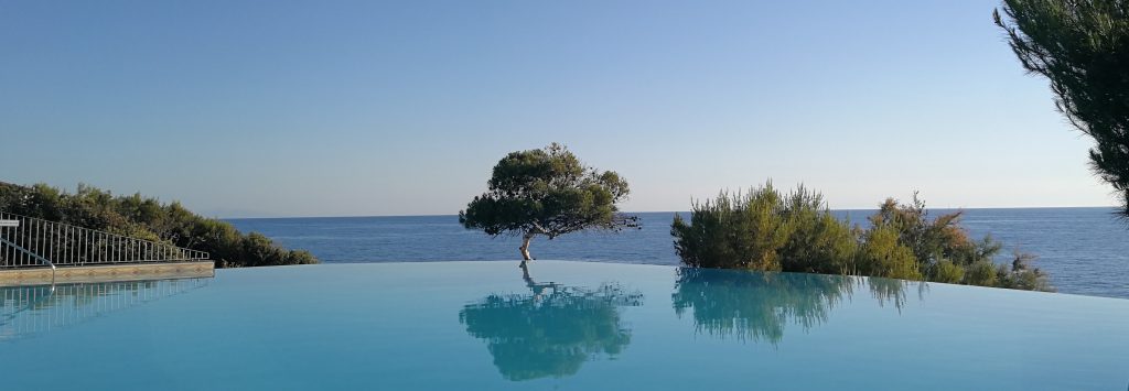 Piscina azzurra circondata da vegetazione (pini) con come sfondo il mare aperto.