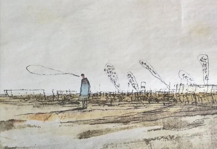 Immagine tratta dal giornale: uomini in un deserto, con vignette di parole o vuote.