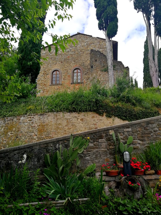 Ruderi di una torre circolare, in primo piano piante e fiori.