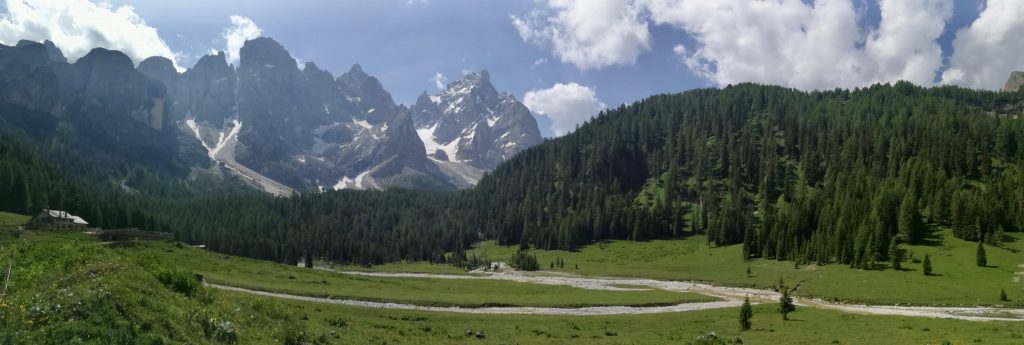 Prato verde con sentieri; bosco, montagne rocciose.