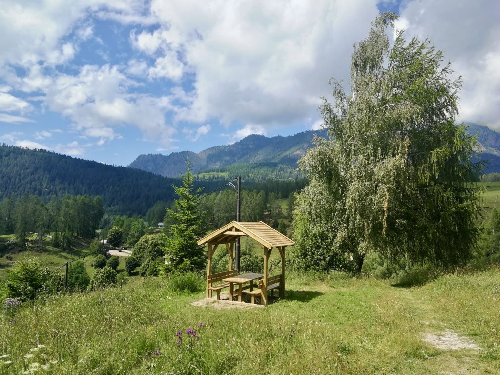 Tavolo da pic nic in legno, prato verde, boschi e montagne.