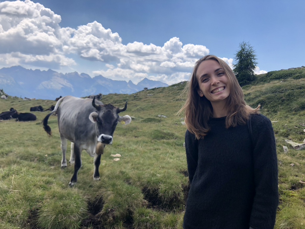 Federica e una mucca grigia in un prato.