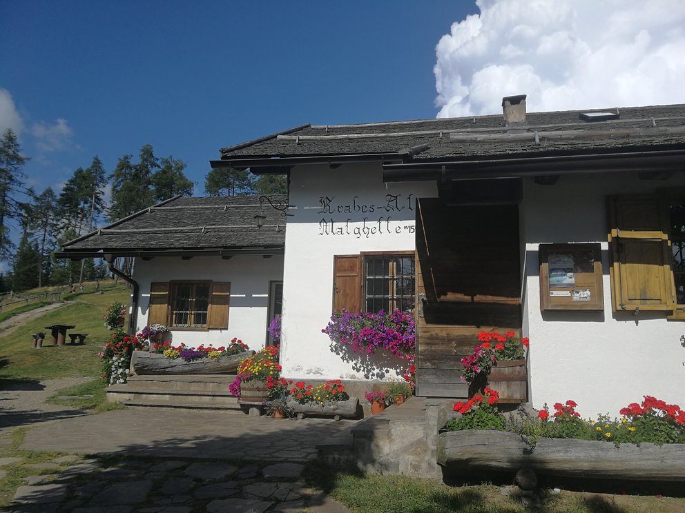 Malga Malghette: entrata in bianco con fiori rosa.