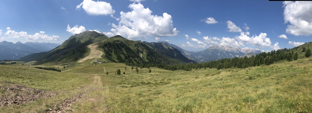 Panorama dalla Cima Lastè su sentiero e montagne, prati verdeggianti e alberi. Nuvole nel cielo.