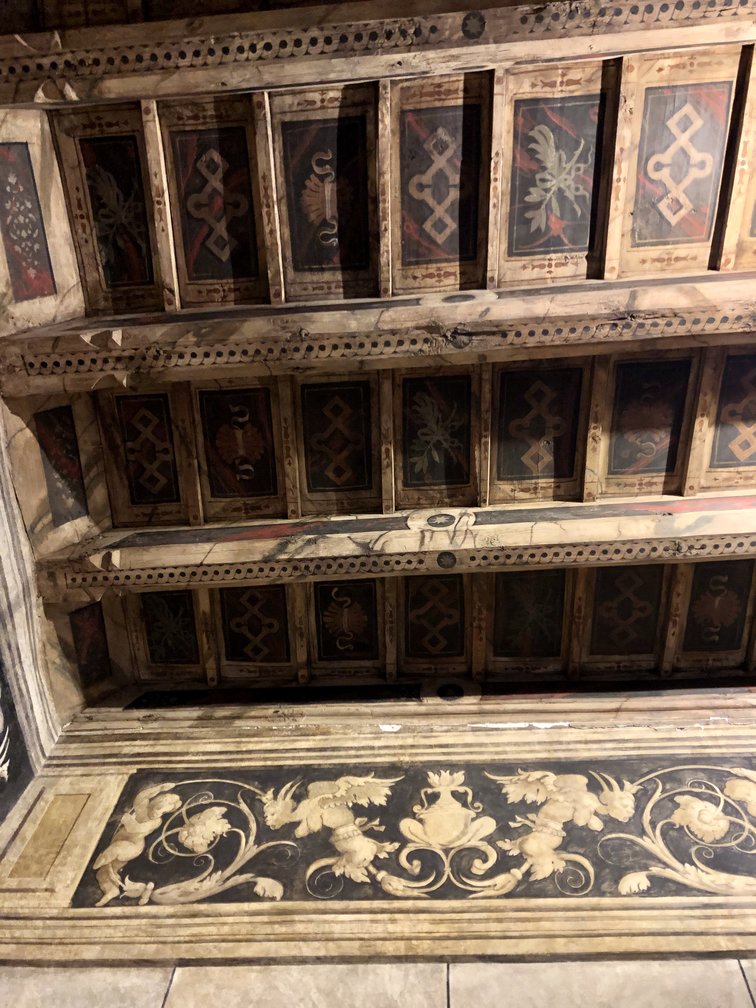 Soffitto riccamente decorato e fregio grottesca.