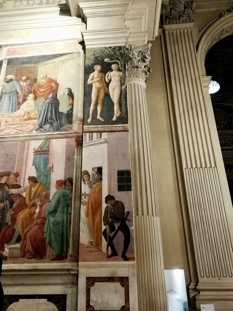 Cappella Brancacci - particolare affresco vicino alla colonna a destra: Adamo ed Eva e San Pietro liberato dal carcere.