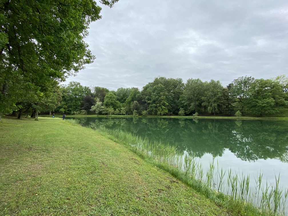 Villa Castelletti - parco con laghetto e tanti alberi affacciati su di esso; molti colori e sfumature di verde.