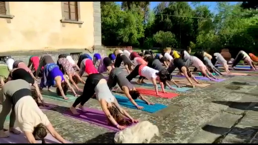 Praticanti yoga che fanno il cane a testa in giù; sono all'aperto, sul proprio tappetino e ci sono alberi e la facciata di un edificio.