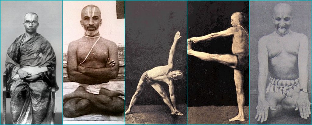 Krsnamacharya: una sequenza di cinque foto del maestro mentre esegue diverse asana.