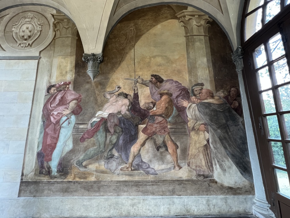 Villa di Careggi - affresco di George Frederic Watts, "Uccisione del medico di Lorenzo il Magnifico nel pozzo della villa", 1845.