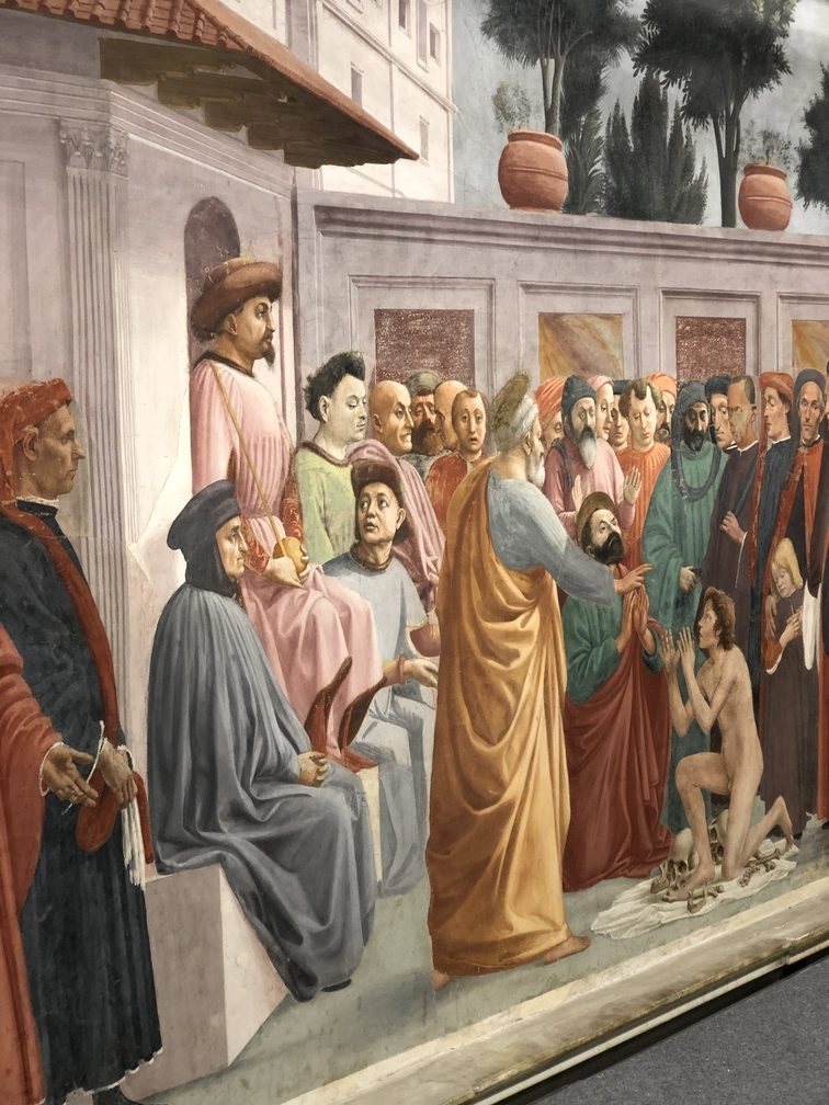 Cappella Brancacci - particolare: Masaccio e Filippino Lippi, La resurrezione del figlio di Teofilo.