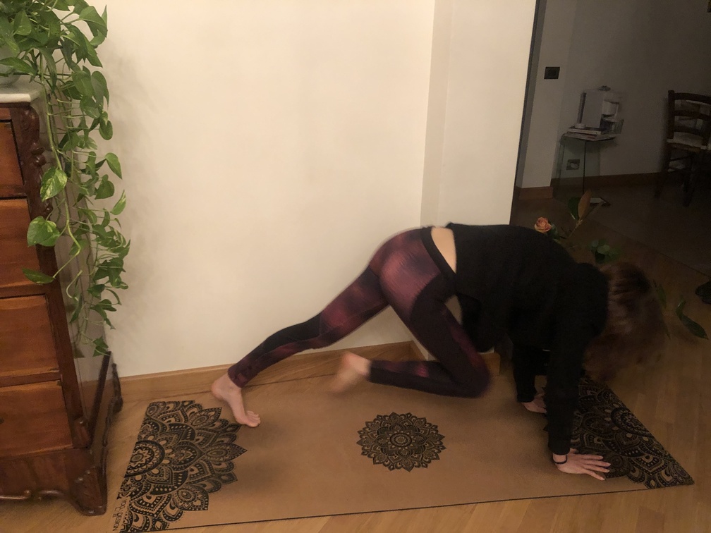 Pratica yoga - transiszione da Adho Mukha Svanasana a Pada Rajakapotasana.