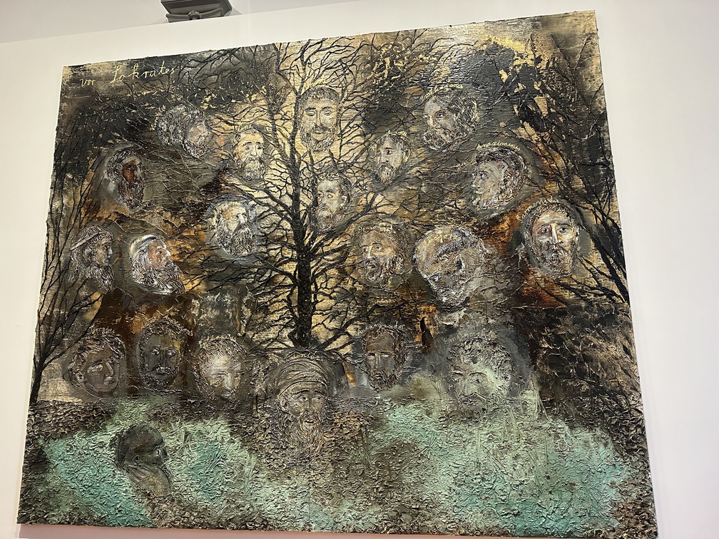 Anselm Kiefer, "Vor Sokrates (Prima di Socrate)", 2022, emulsione, olio, acrilico, gommalacca, foglia d'oro, sedimento di elettrolisi e collage di tela su tela.
