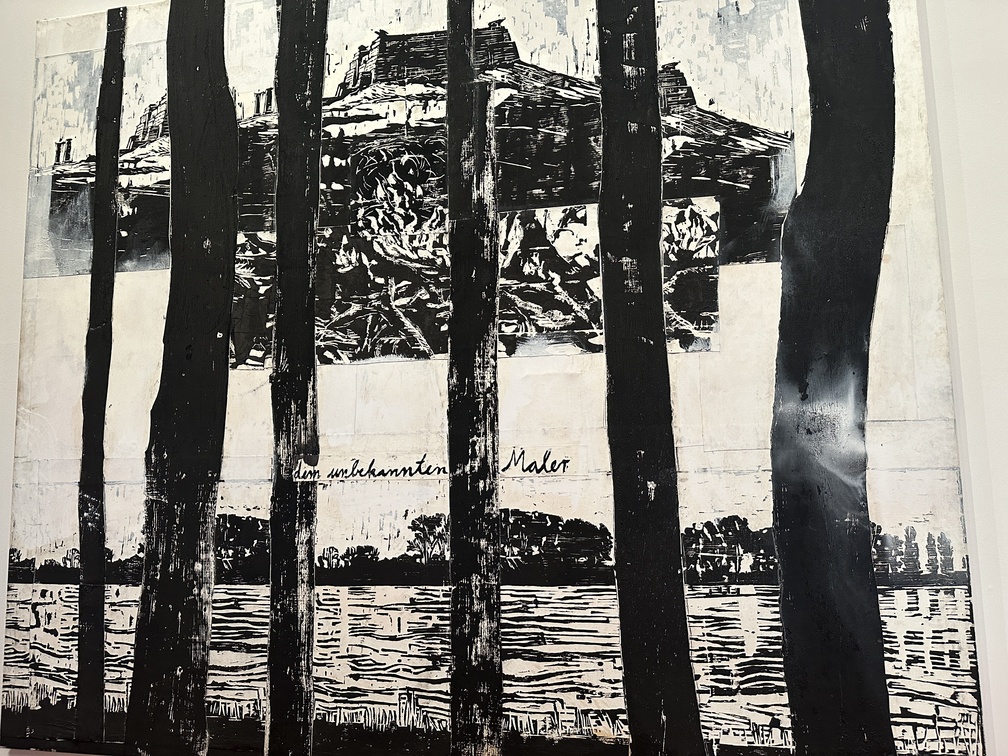 Anselm Kiefer, "Dem unbekannten Maler (Al pittore ignoto)", 2013, collage di xilografie su carta con emulsione, olio, acrilico, gommalacca e gesso, montato su tela.
