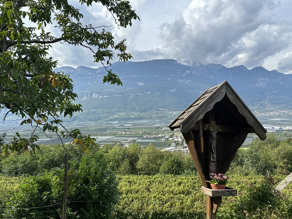 Mazzon - vigneti, crocifisso in legno e panorama.