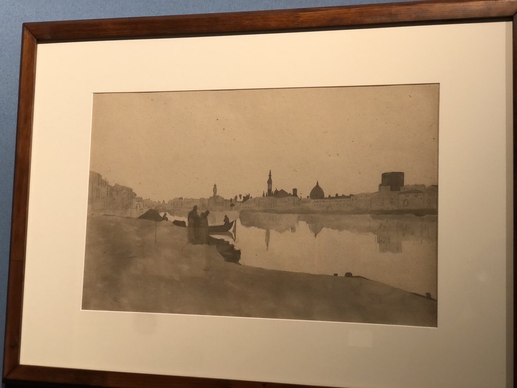 Stanislao Pointeau, Veduta dei Lungarni a Firenze, Acquerellatura grigia e matita nera su carta beige, 1861-1867 ca., Collezione eredi Pointeau