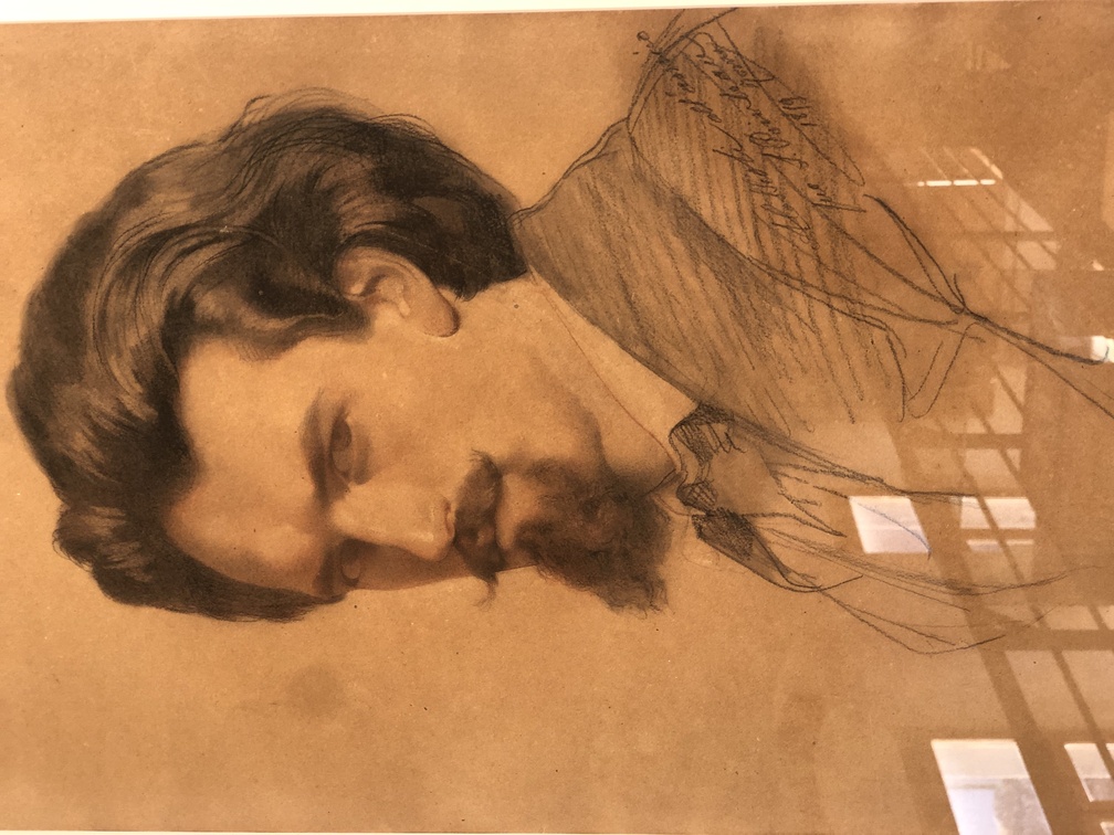 Amos Cassioli, Ritratto di Stanislao Pointeau, Matita nera, rossa e arancio su carta beige, Al centro, a sinistra: A. Cassioli all'amico suo S. Pointeau Roma 1859