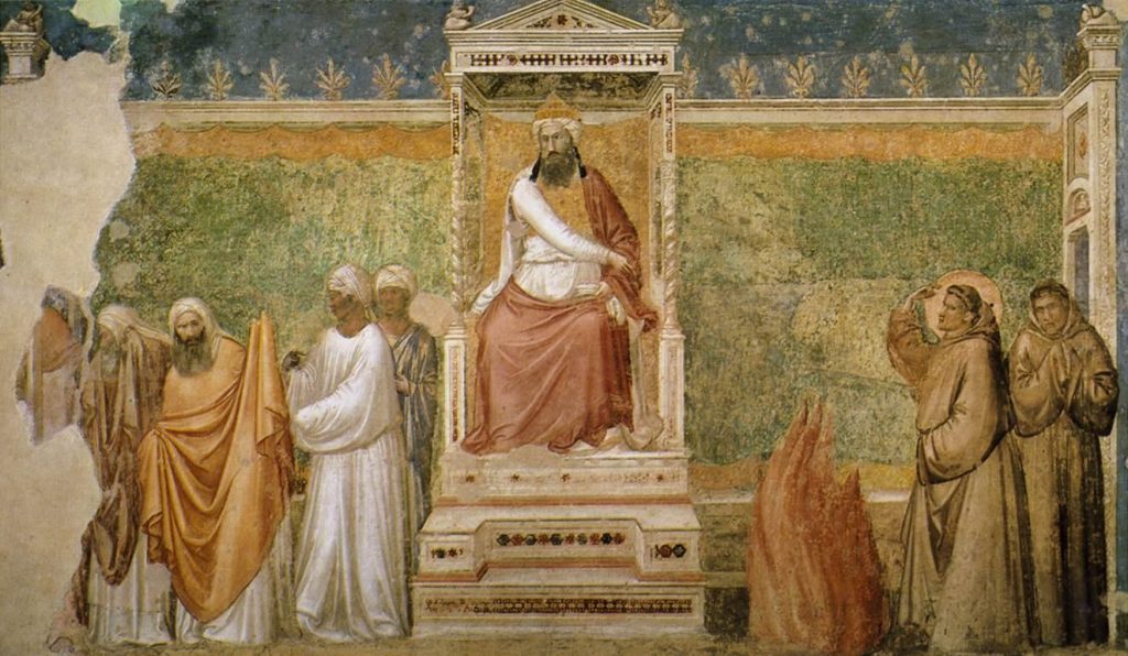 Cappella Bardi a Santa Croce (Firenze) – Giotto, San Francesco predica davanti al Sultano (Prova del fuoco).