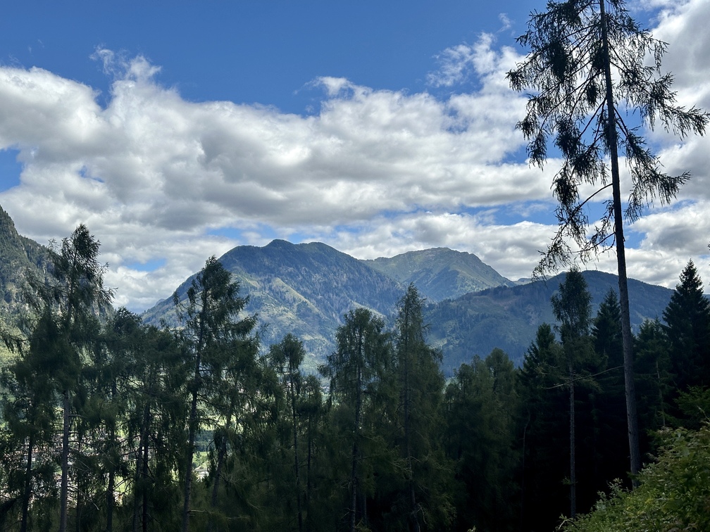 Escursione nel bosco di Zanolin - veduta del Monte Mulat e, dietro, Viezzena, Cima de le Mandre e Cima Bocche, lungo il sentiero n. 4 Busa Prima.
