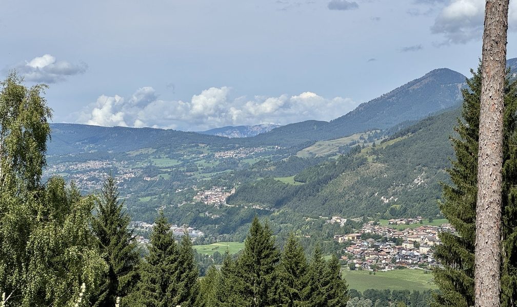 Escursione da Zanolin a Belvedere - panorama su Panchià (più vicino), Tesero, Daiano, Monte Cugola e (a sinistra) Cavalese e Carano.