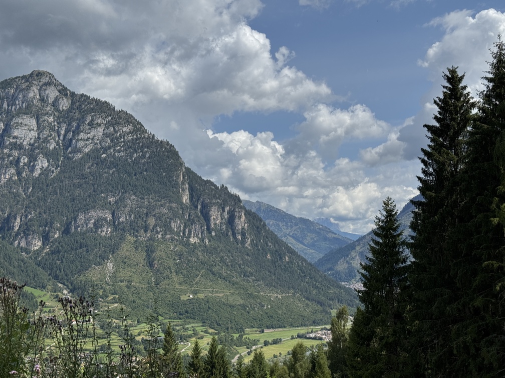 Escursione da Zanolin a Belvedere - panorama verso Predazzo, Passo Feudo e, in fondo, Sassolungo.