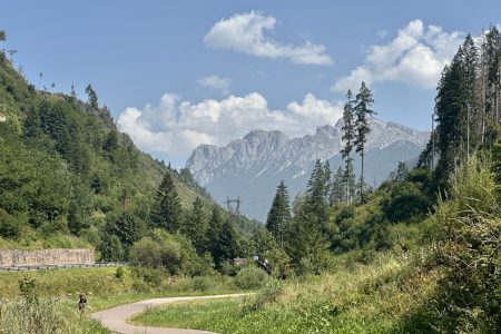 Pista ciclopedonale Fiemme e Fassa - verso la Val di Fassa, veduta dei monti che separano il Passo San Pellegrino.