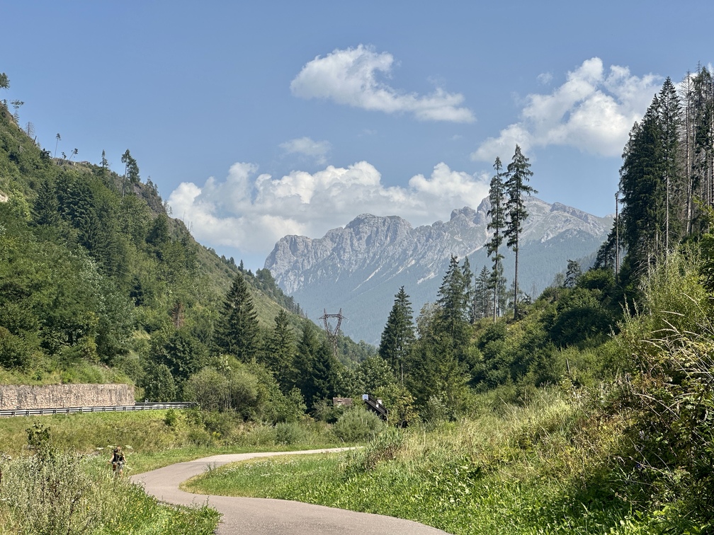 Pista ciclopedonale Fiemme e Fassa - verso la Val di Fassa, veduta dei monti che separano il Passo San Pellegrino.