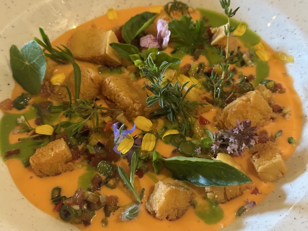 El Molin Winebar&bistrot di Cavalese - gazpacho di pomodoro, prugna con panissa di ceci e tartare di verdure.