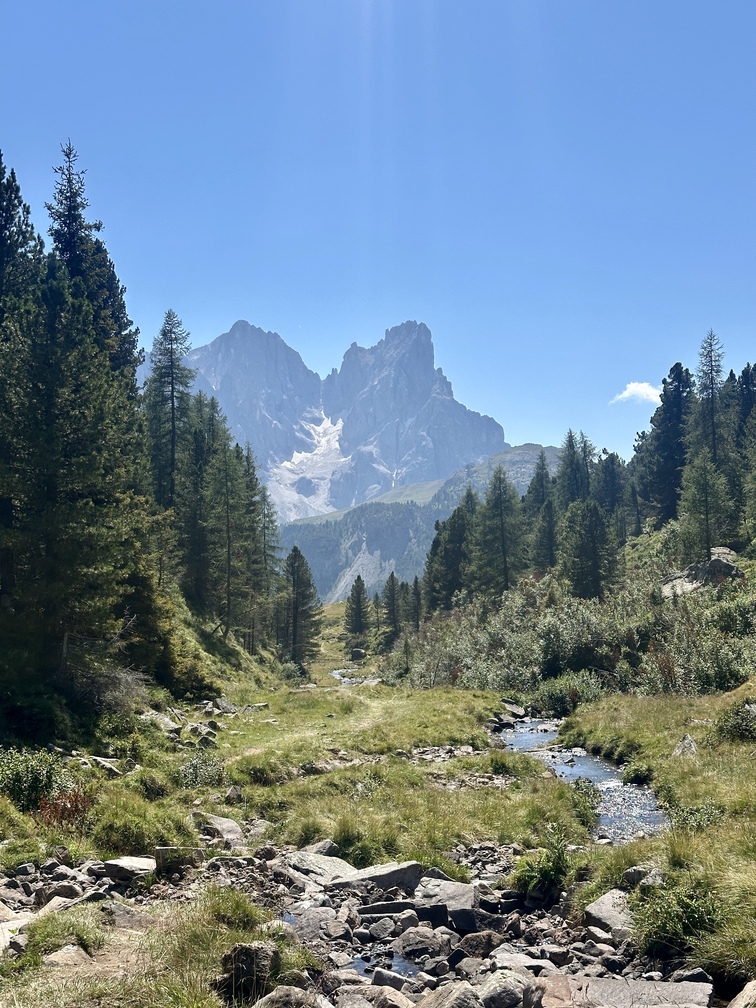 Anello al Lago Juribrutto - sentiero n. 629 accanto al Rio Juribrutto, con vista sulle Pale di San Martino.