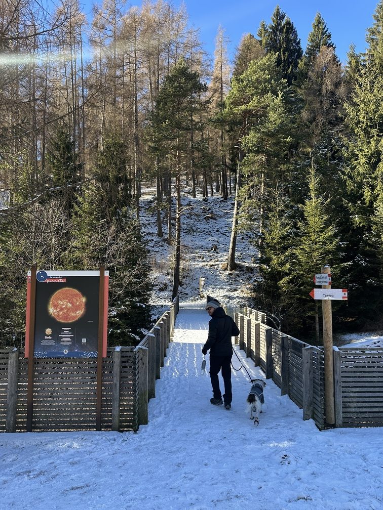 Stava - ponte sul Rio di Val Stava e cartello illustrativo del sentiero tematico "La via dei pianeti".