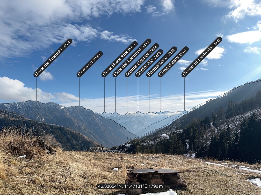 Malga Le Val - indicazione dei monti della catena del Lagorai e Cornacci.
