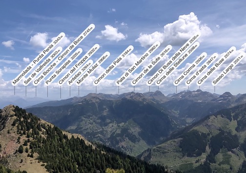 Pala della Madonna - cime del Lagorai e Marmolada (app: PeakFinder).