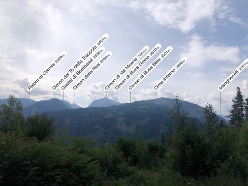 Biotopo del Brozin - veduta su alcune cime del Lagorai (app: PeakFinder).