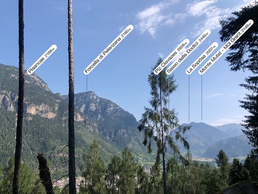 Sentiero "Busa Prima" - cime verso Predazzo (app: PeakFinder).