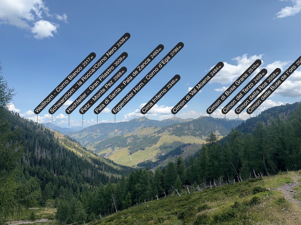 Sentiero n. 314 - da Malga Agnelezza verso Passo Cadin - veduta verso Val di Fiemme (app: PeakFinder).