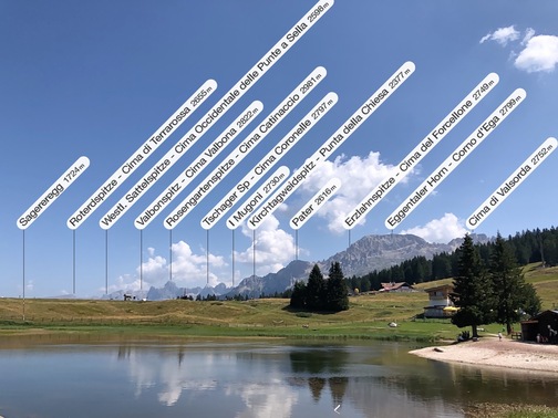 Passo Lavazè - veduta su Latemar e Catinaccio (app: PeakFinder).
