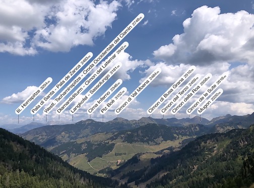 Passo Cadin - panorama verso la Val di Fiemme (app: PeakFinder).