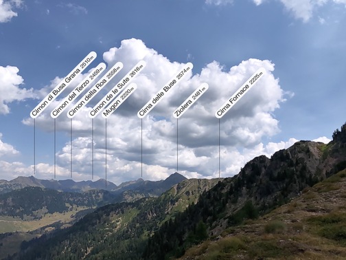 Passo Cadin - panorama verso la Val di Fiemme (app: PeakFinder).