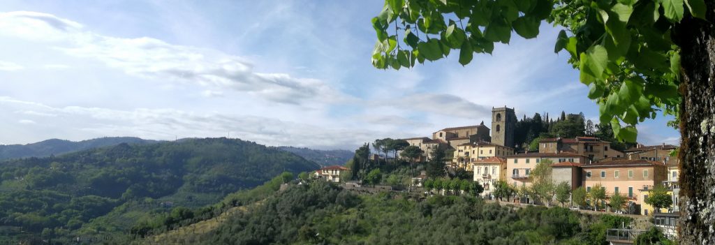 Montecatini alto, case e torre con colline verdi.