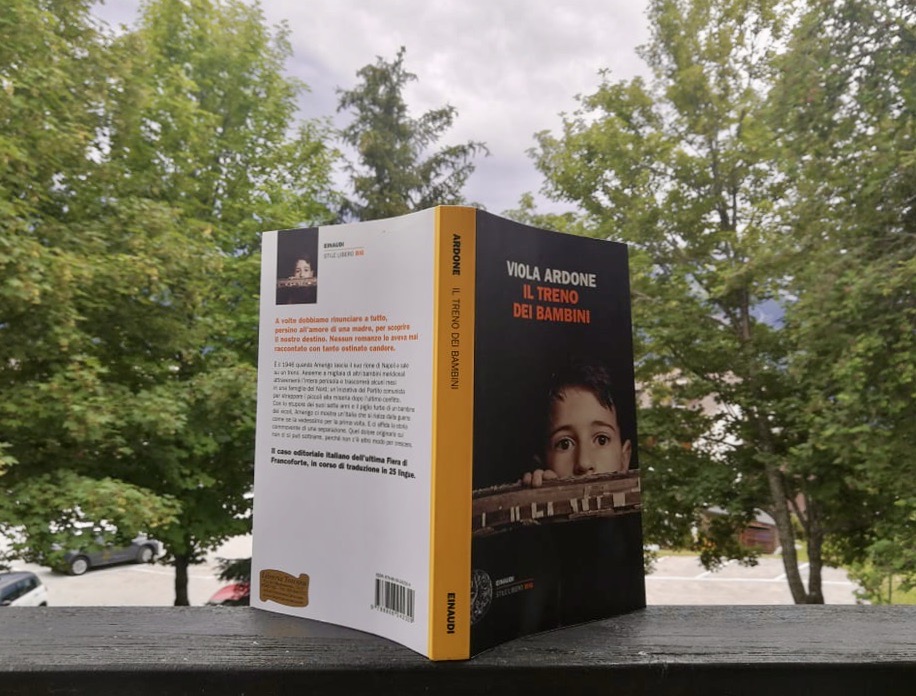 Fronte e retro della copertina del libro, appoggiato su una staccionata scura e dietro alberi.