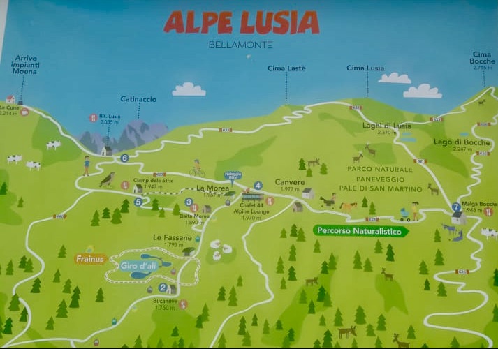 Cartina disegnata con i percorsi sull'alpe Lusia.