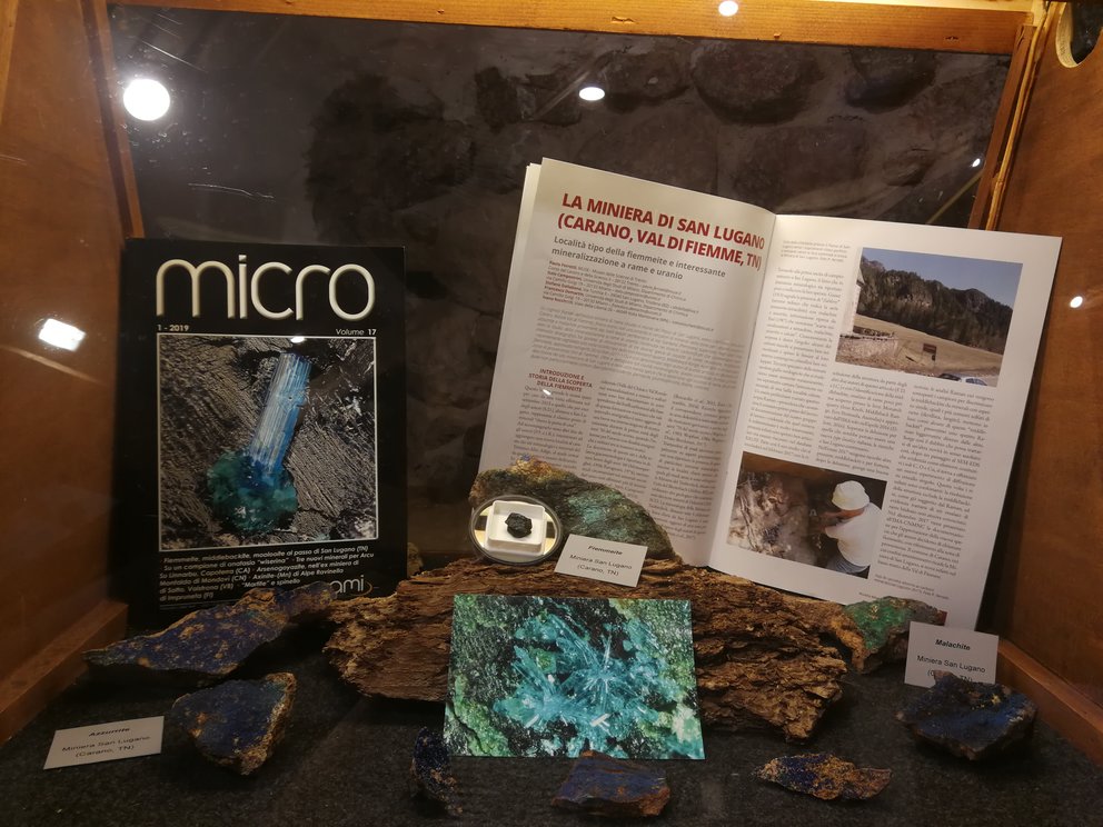 Articoli su minerali esposti in una vetrina