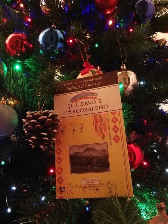 Copertina del libro Il cervo e l'arcobaleno nell'albero di Natale tra luci e palline.