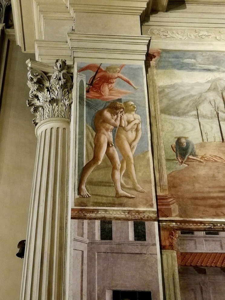 Cappella Brancacci - particolare affresco in alto, accanto alla colonna: cacciata dal Paradiso.