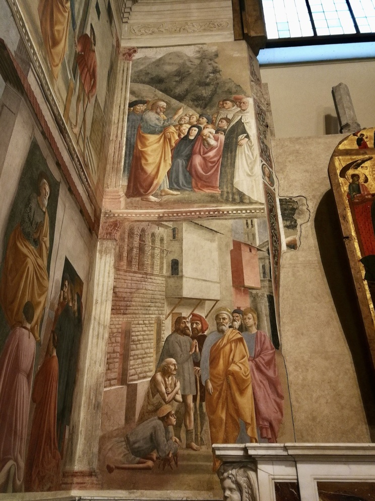 Cappella Brancacci - particolare affresco San Pietro guarisce con la propria ombra e, sopra, predica di San Pietro.